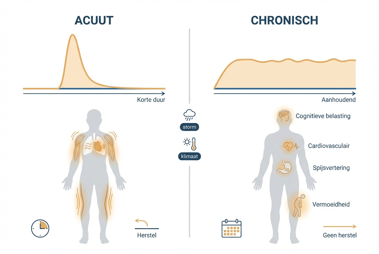 Acuut vs. chronisch stressrespons — links een piek met herstel, rechts een verhoogde basislijn zonder herstel met vier aangetaste lichaamssystemen